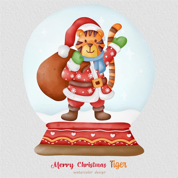 Christmas tiger watercolor illustration, with a paper background. for design, prints, fabric, or background. christmas element vector.