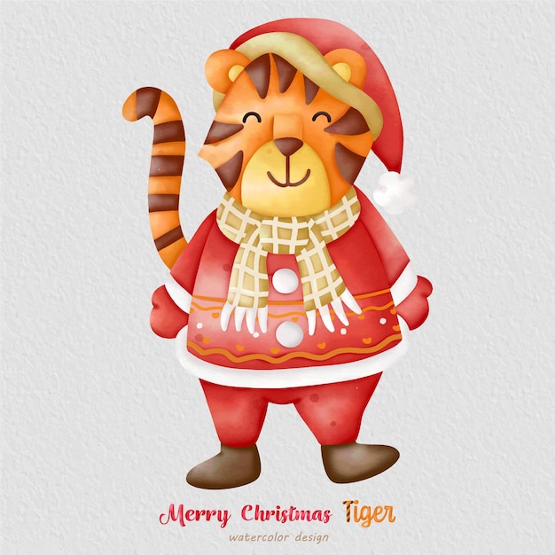 Christmas tiger watercolor illustration, with a paper background. for design, prints, fabric, or background. christmas element vector.
