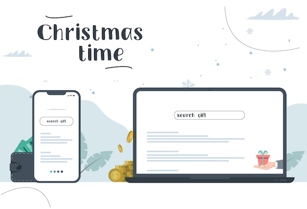 クリスマスの時期。スクリーンフォン、ラップトップ、PCでギフトを検索します。モダンなスタイルのベクトル図