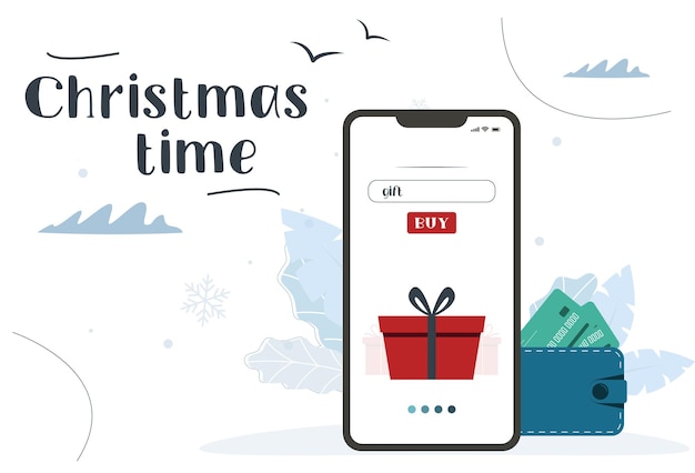 Christmas time. Search gifts in screen phone. Vector Illustration in modern style