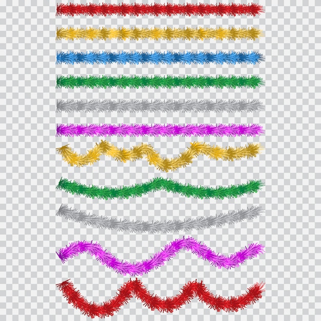Christmas tinsel set. vector cartoon simple garland in different colours isolated . holiday and party decor element.