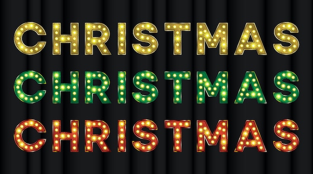 Christmas title in gold red and green with bulb light effect Vintage 3d text for Vegas show