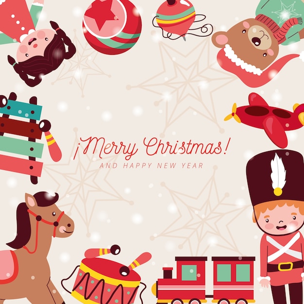 Новогодние игрушки каркасная кукла плюшевый мишка оловянный солдатик и поезд. рождественская открытка