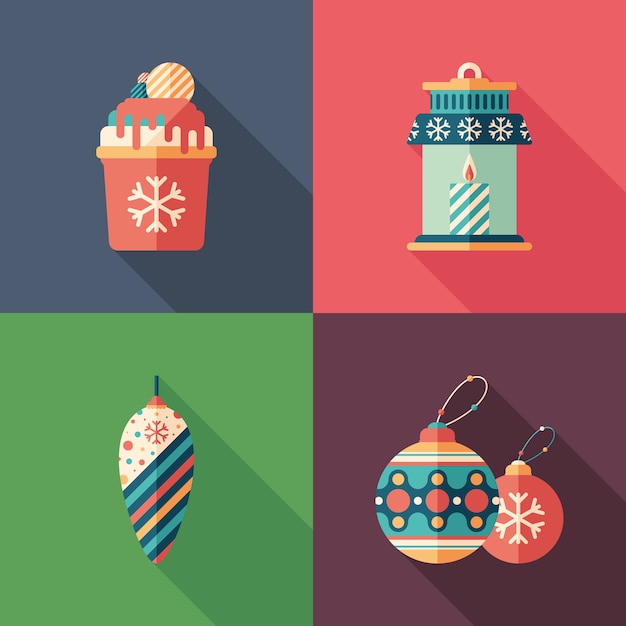 Christmas toys and sweets flat square icons set.