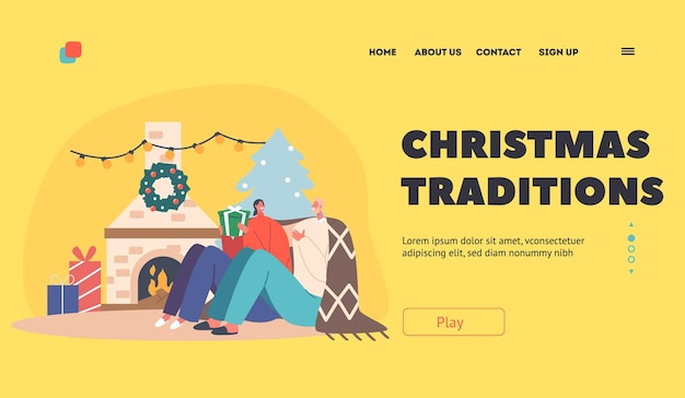 Vector christmas traditions landing page template happy couple man and woman sitting at room with fireplace exchange gifts