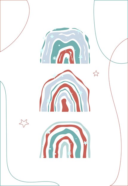 Scheda astratta dell'albero di natale. modello di capodanno. fiocchi di neve invernali, alberi congelati, regali e un arcobaleno su sfondo bianco. illustrazione vettoriale