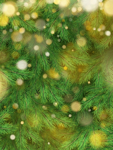 Christmas tree background decorations with blurred, sparking, glowing light. Happy New Year template. 