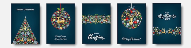 ベクトル クリスマスツリー、雪片、トナカイ、クリスマスの要素と装飾からの金、赤、青の休日のパターンとボール。グリーティングカード、ポスターまたは招待状のベクトルフラットイラスト。