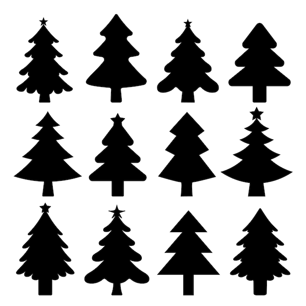 Vettore collezione di silhouette nere di albero di natale diversi tipi e forme di abeti su sfondo bianco