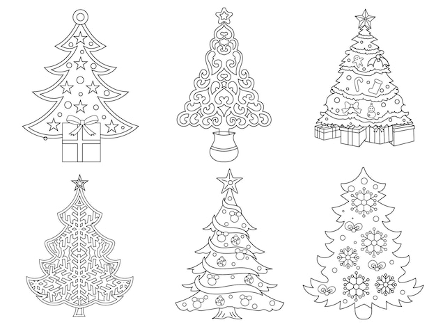 Christmas tree black and white vector illustration for coloring book