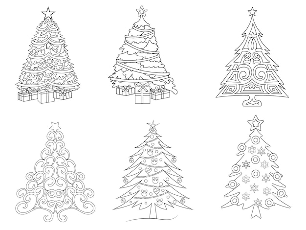 Christmas tree black and white vector illustration for coloring