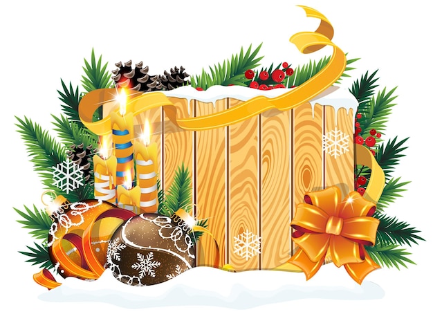 Christmas tree branches candles and baubles on wooden board with yellow bow and ribbons