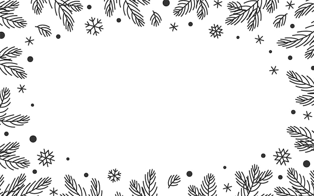 Christmas tree branches falling frosty snowflakes border with space for text Winter fir pine twigs floral frame for Xmas greeting card banner party event invitation flyer gift certificate voucher