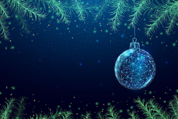 クリスマス ツリーの枝の低ポリ スタイル クリスマスや新年の概念のためのバナー、碑文のための場所青の背景に抽象的な現代ベクトル イラスト
