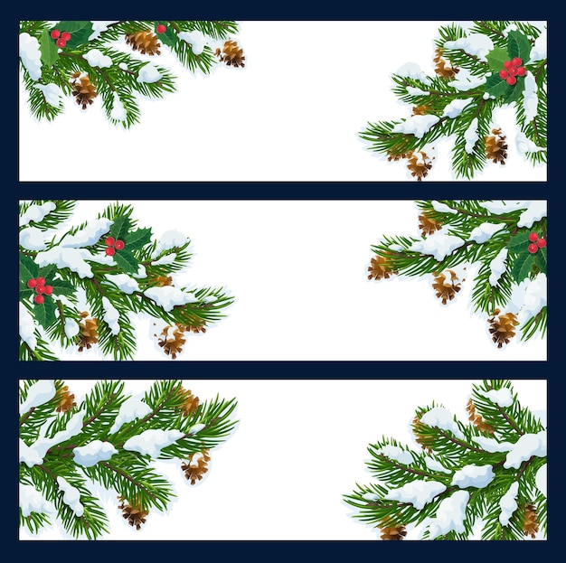 Vector christmas tree branches in snow blank banners