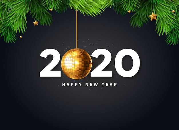Rami di albero di natale con felice anno nuovo 2020