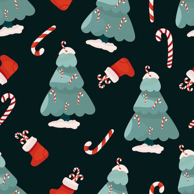 Christmas tree candy canes and socks vector seamless pattern on deep dark background Holidays