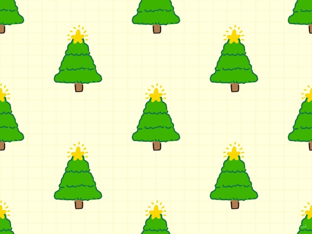 黄色の背景にクリスマス ツリーの漫画のキャラクターのシームレスなパターン