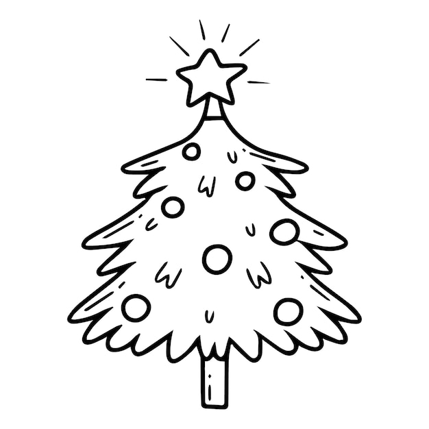 Christmas tree coloring book Children's coloring book Doodle style Vector illustration of a Christmas tree with a star and balls