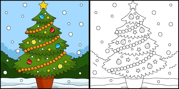 Christmas tree coloring page colored illustration