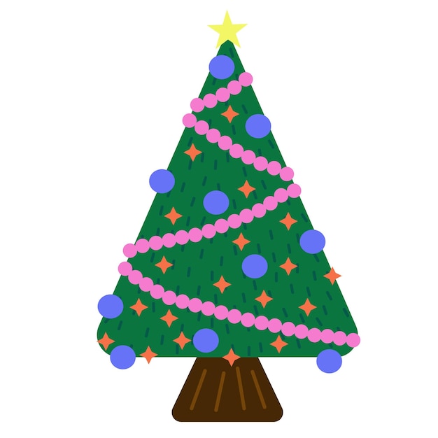 Vettore colore dell'albero di natale in stile piatto. celebrazione di natale con stella e palline, illustrazione vettoriale su wh