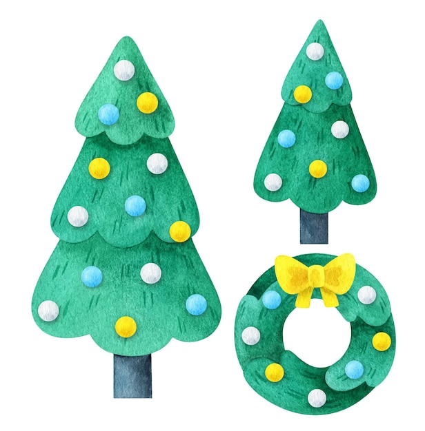 Albero di natale e una corona di conifere. set con abete verde decorato. illustrazione ad acquerello