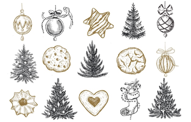 Christmas tree, Cookie, ball set. Hand drawn illustration.