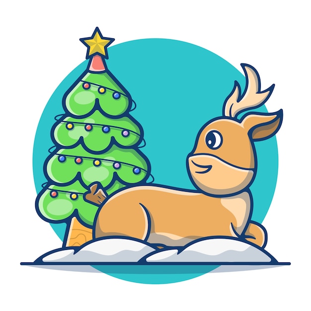 Vector christmas tree and cute deer with snowflake