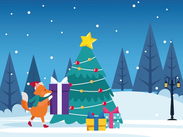 Рождественская елка и милая лиса с подарочными коробками, разноцветные