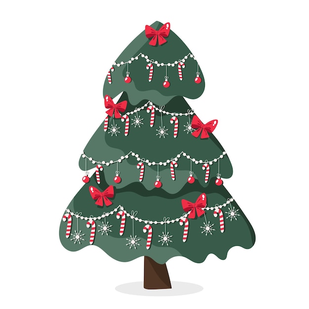 Рождественская елка украшена разноцветными гирляндами, леденцами, красными бантами и снежинками.