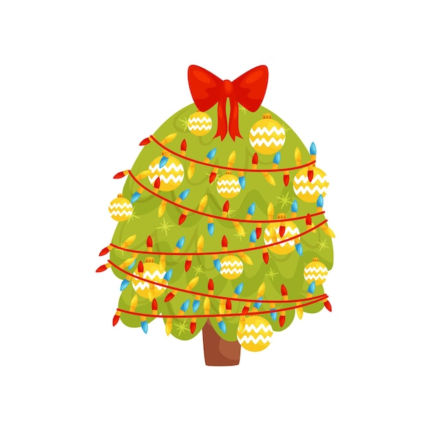 クリスマスツリー ライト ボール 弓 冬の休日 テーマ 家の装飾 エレメント カートゥーン ベクトル アイコン 白い背景に隔離されたカラフルな平らなイラスト