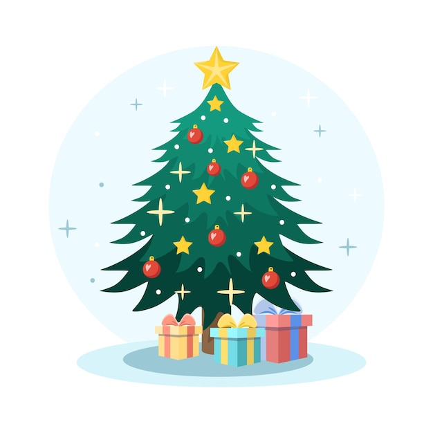 Christmas tree decorated with red balls and golden stars