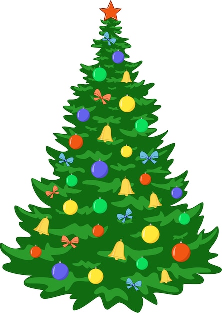 Christmas tree decorated with toys. Balls, bells, bows. Holiday fir. Vector illustration.