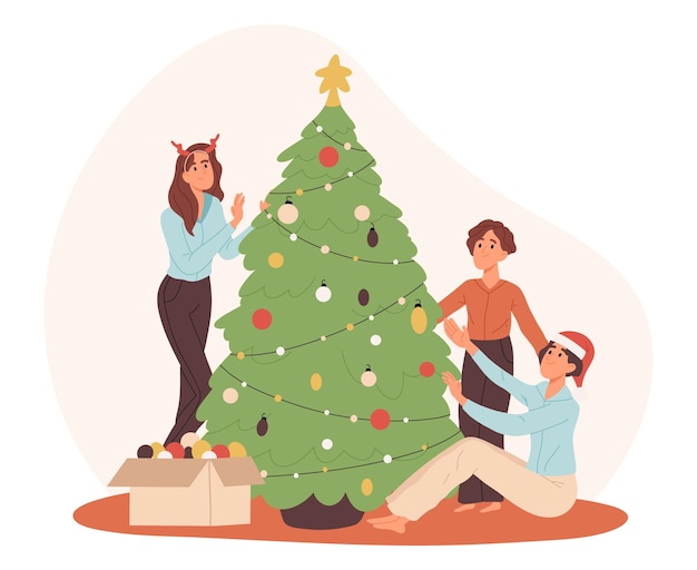 Christmas tree decorating happy family xmas winter holidays preparing cartoon vector illustration