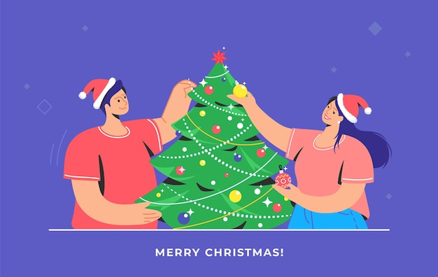 Christmas tree decoration. Flat vector symbol of smiling couple wearing santa red hats are decorating xmas tree for celebrating merry christmas and happy new year together. Preparation for xmas party