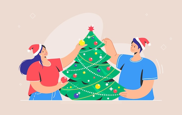 Christmas tree decoration. Flat vector symbol of smiling couple wearing santa red hats are decorating xmas tree for celebrating merry christmas and happy new year together. Preparation for xmas party