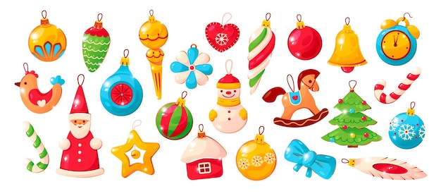 Вектор Игрушки на елку. декоративные игрушки, подвешенные на шнурках. традиционные рождественские аксессуары.