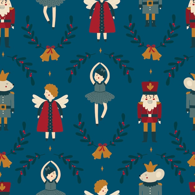 Christmas tree decorations flat vector seamless pattern Traditional winter holiday cartoon texture