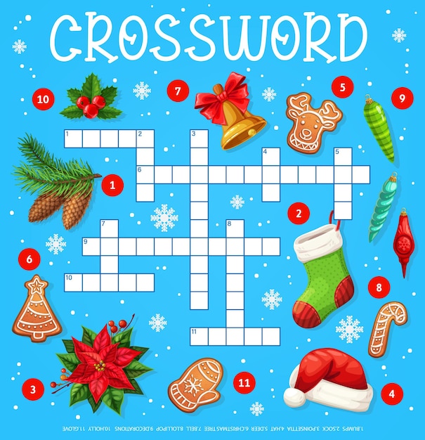 クリスマスツリーの装飾、ジンジャーブレッドクッキーとポインセチア、クロスワードグリッドベクトルワークシート。サンタの帽子、クリスマスの靴下、金色の鐘のあるヒイラギを持つ子供向けの単語クイズパズルゲームを探す