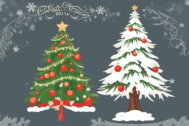 рождественская елка и украшения на сером фоне.