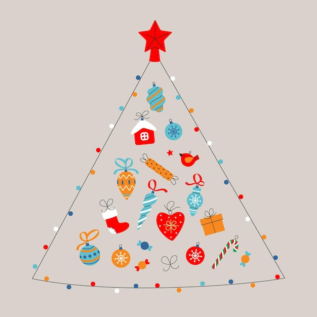 Vector christmas tree and decorations for the new year.