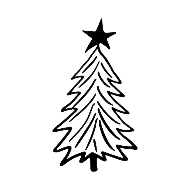 Christmas tree in doodle style. New year 2023. Hand drawn sketch of a Christmas tree