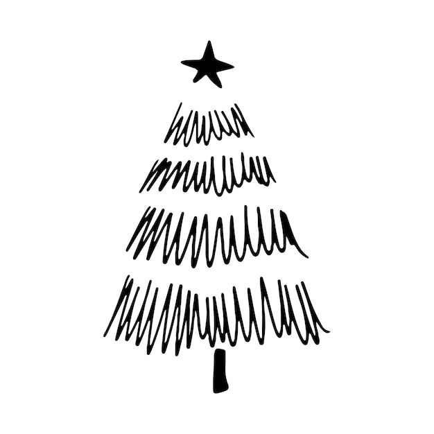 Christmas tree in doodle style. New year 2023. Hand drawn sketch of a Christmas tree.