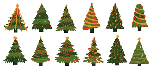 Albero di natale doodle xmas piante sempreverdi decorate con ghirlande e stelle vacanze invernali celebrazione simboli cartolina elementi decorativi per biglietti di auguri set di abeti verdi del fumetto vettoriale