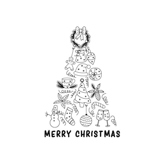 Albero di natale disegnato da elementi natalizi in stile lineare per il design di auguri