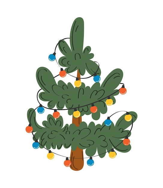 Рождественская елка. Вечнозеленое дерево с украшениями. Концепция празднования Рождества и Нового года. Мультфильм
