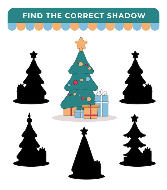 Christmas tree Find the correct shadow Educational game for children Cartoon vector illustration