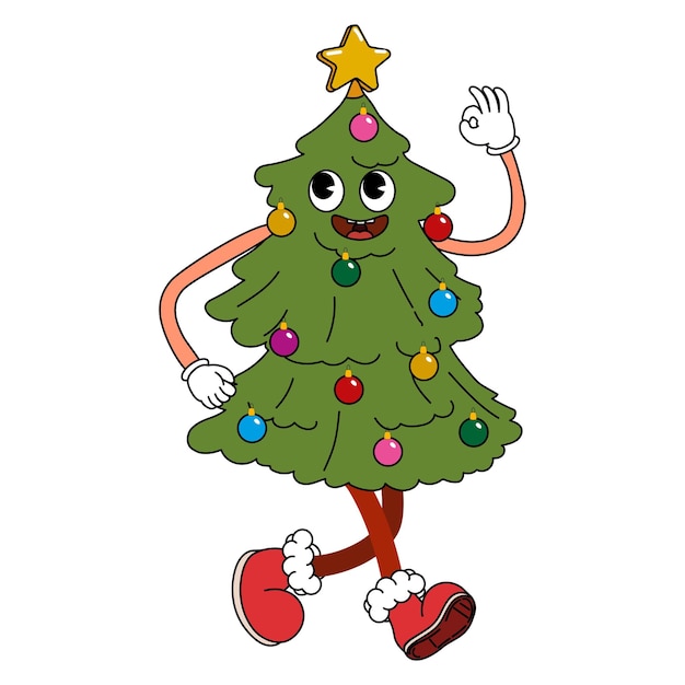 Christmas tree funny retro comic christmas character gloved hands