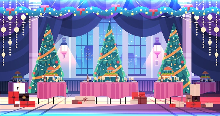 Vector 装飾されたレストランのクリスマスツリーとプレゼント 新年 冬の休日 祝いのコンセプト 水平ベクトルイラスト