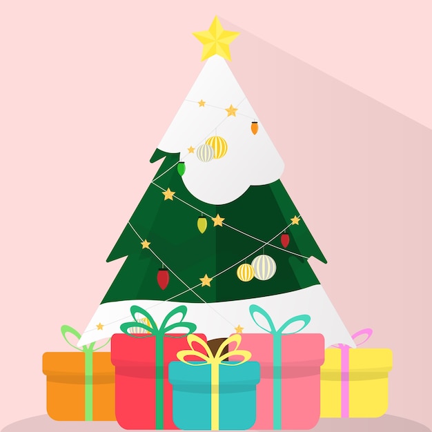Рождественская елка и подарки на сладком розовом фоне